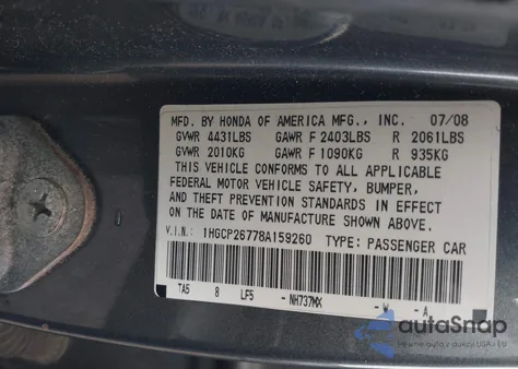 2008 Honda Accord 2.4 Ex z USA, uszkodzony, nr VIN 1HGCP26778A159260